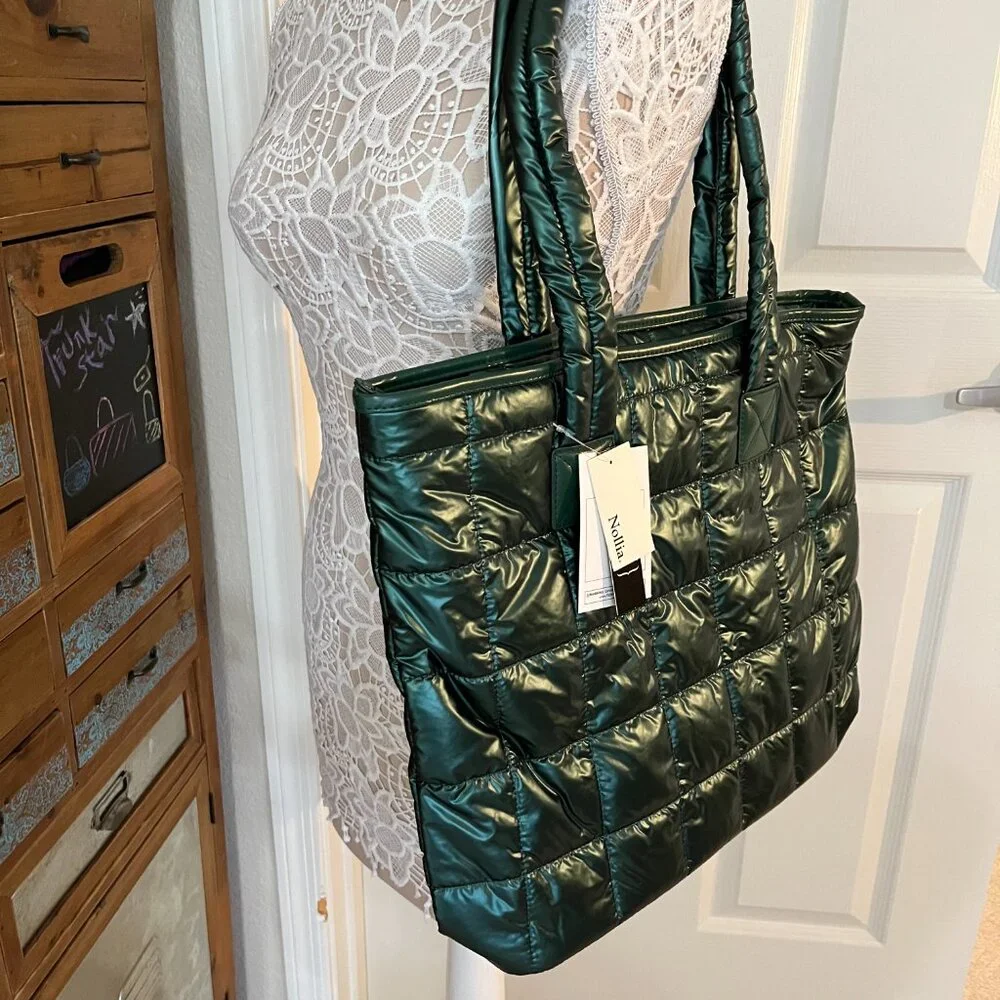 Quilted Puffer Tote - Shiny Deep Green - Double Handle- XL- Lightweight -NWT